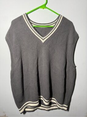 Gray V-Neck Knit Sweater Vest with Cream Trim